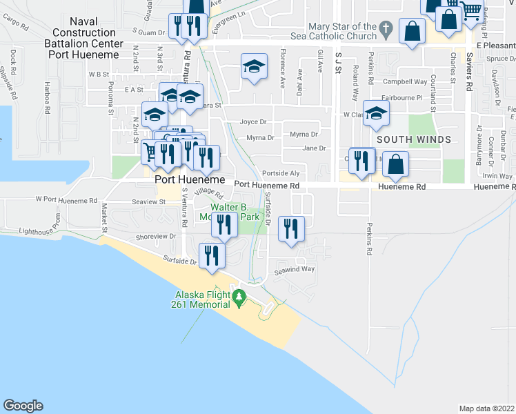 map of restaurants, bars, coffee shops, grocery stores, and more near 688 Beachport Drive in Port Hueneme