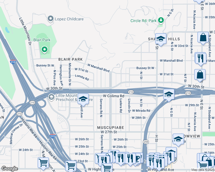 map of restaurants, bars, coffee shops, grocery stores, and more near 3002 Muscupiabe Drive in San Bernardino