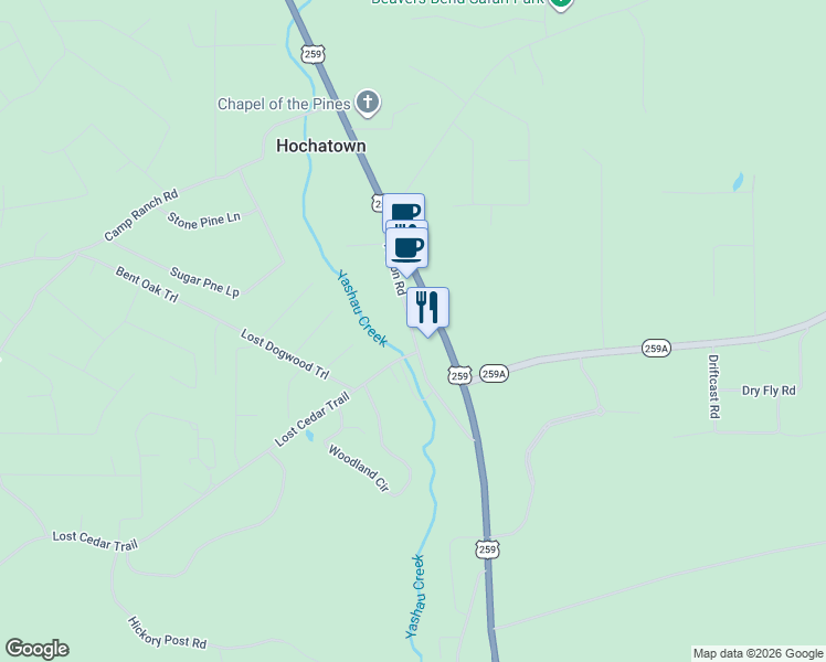 map of restaurants, bars, coffee shops, grocery stores, and more near Pinyon Road in Broken Bow