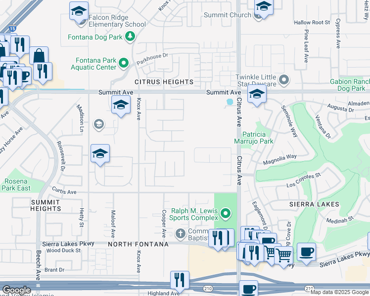 map of restaurants, bars, coffee shops, grocery stores, and more near 15686 Iron Spring Lane in Fontana