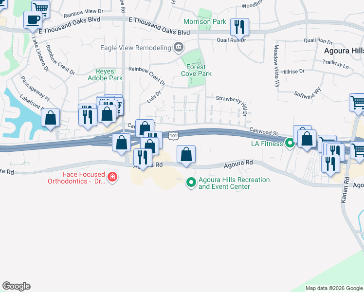 map of restaurants, bars, coffee shops, grocery stores, and more near 29903 Agoura Road in Agoura Hills