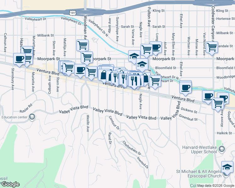 map of restaurants, bars, coffee shops, grocery stores, and more near 4170 Sunnyslope Avenue in Los Angeles