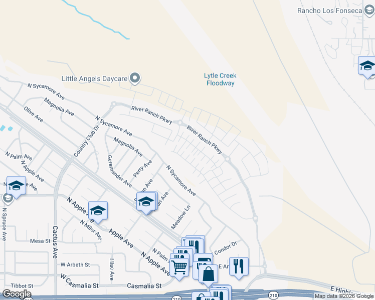 map of restaurants, bars, coffee shops, grocery stores, and more near 2522 Gunner Ridge Way in Rialto