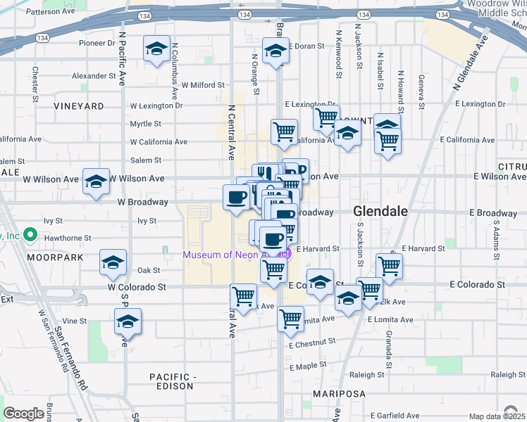map of restaurants, bars, coffee shops, grocery stores, and more near 101 North Brand Boulevard in Glendale