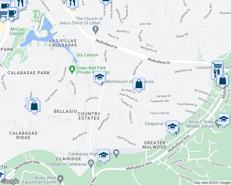map of restaurants, bars, coffee shops, grocery stores, and more near 22983 Paul Revere Drive in Calabasas
