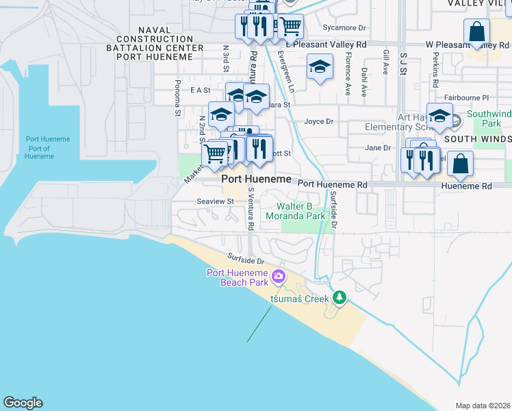 map of restaurants, bars, coffee shops, grocery stores, and more near 201 Village Road in Port Hueneme