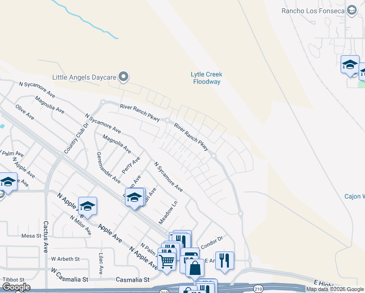 map of restaurants, bars, coffee shops, grocery stores, and more near 2498 Gunner Ridge Way in Rialto