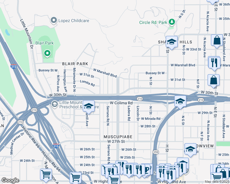 map of restaurants, bars, coffee shops, grocery stores, and more near 3002 Muscupiabe Drive in San Bernardino