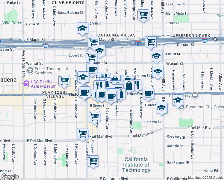 map of restaurants, bars, coffee shops, grocery stores, and more near in Pasadena