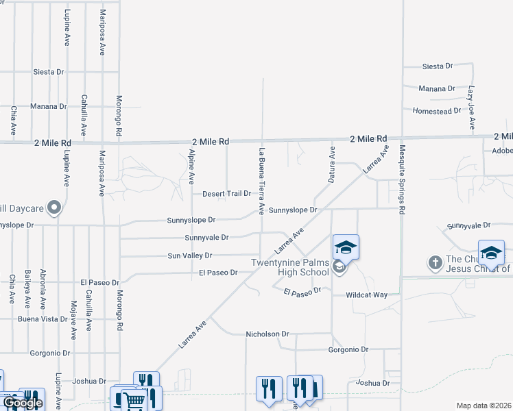 map of restaurants, bars, coffee shops, grocery stores, and more near 72490 Sunnyslope Drive in Twentynine Palms