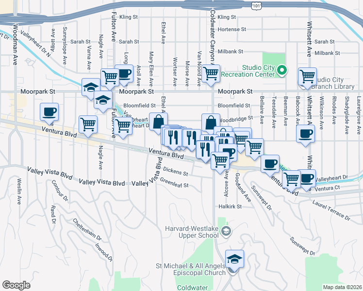map of restaurants, bars, coffee shops, grocery stores, and more near 13012 Valleyheart Drive in Los Angeles