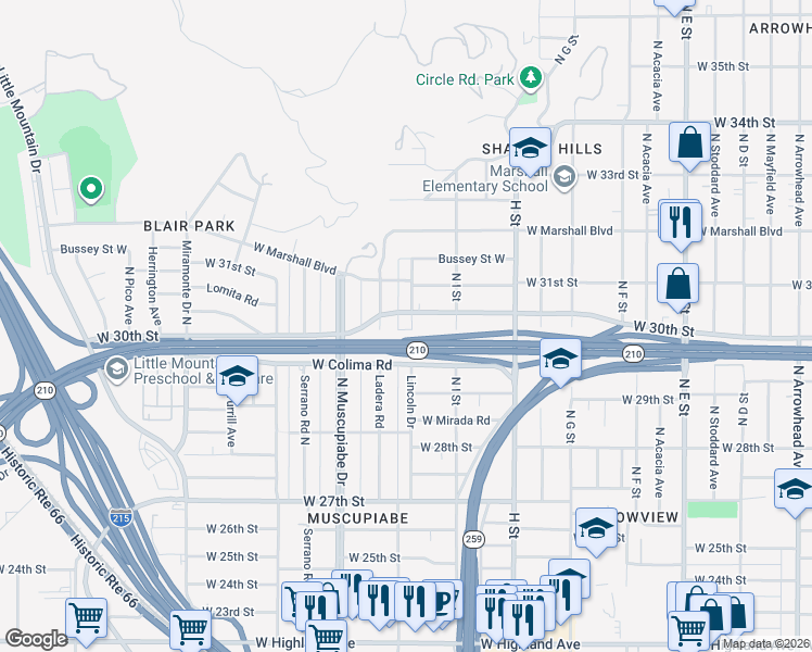 map of restaurants, bars, coffee shops, grocery stores, and more near 2980 Lincoln Drive in San Bernardino