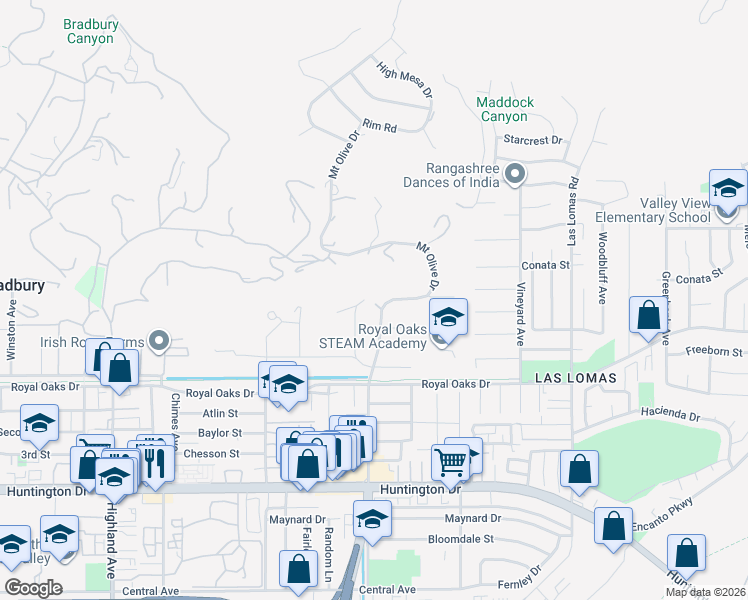 map of restaurants, bars, coffee shops, grocery stores, and more near 585 Mount Olive Drive in Bradbury