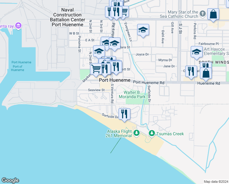 map of restaurants, bars, coffee shops, grocery stores, and more near 201 Village Road in Port Hueneme