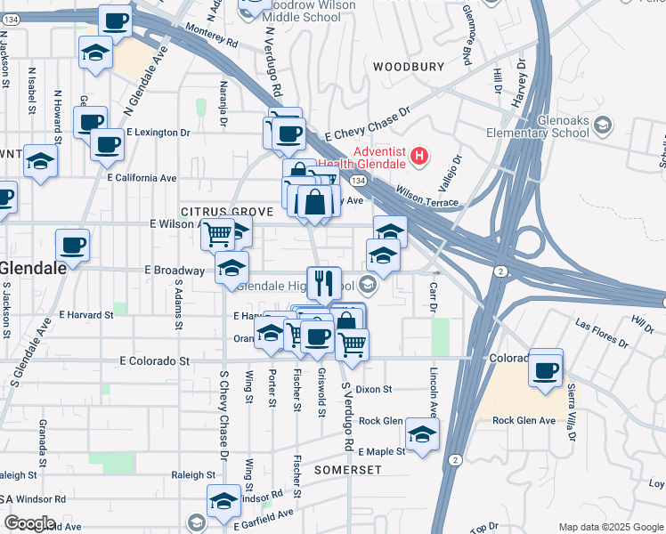 map of restaurants, bars, coffee shops, grocery stores, and more near 1411 East Broadway in Glendale