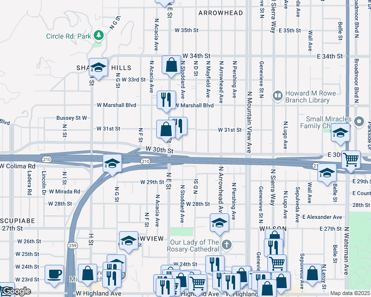 map of restaurants, bars, coffee shops, grocery stores, and more near 3021 North Stoddard Avenue in San Bernardino