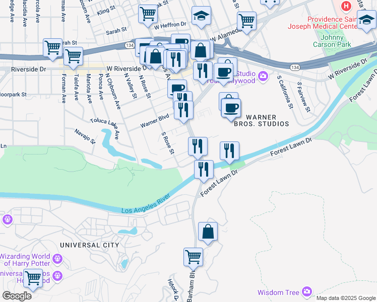 map of restaurants, bars, coffee shops, grocery stores, and more near 4115 West Hood Avenue in Burbank