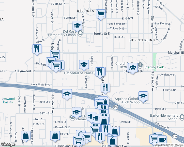 map of restaurants, bars, coffee shops, grocery stores, and more near 3005 Loma Avenue in San Bernardino