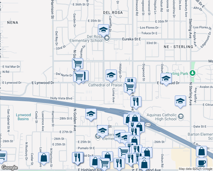 map of restaurants, bars, coffee shops, grocery stores, and more near 2995 Mountain Avenue North in San Bernardino