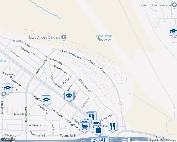 map of restaurants, bars, coffee shops, grocery stores, and more near 355 East Country Club Drive in Rialto