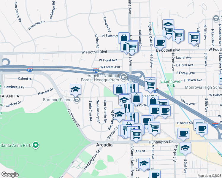 map of restaurants, bars, coffee shops, grocery stores, and more near 143 Colorado Boulevard in Arcadia