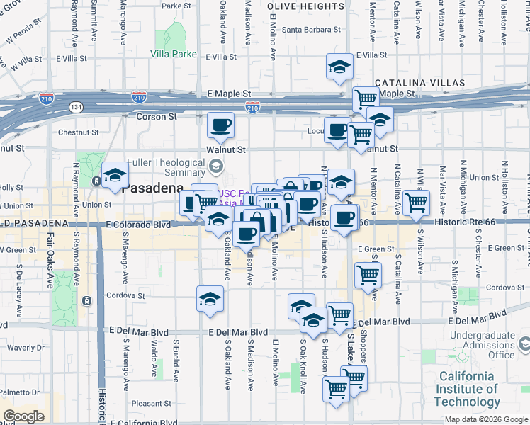 map of restaurants, bars, coffee shops, grocery stores, and more near 680 East Colorado Boulevard in Pasadena
