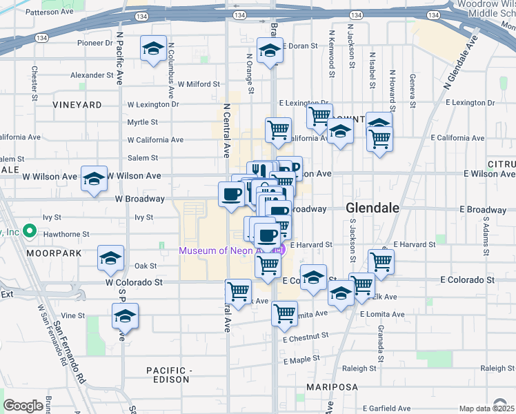 map of restaurants, bars, coffee shops, grocery stores, and more near 103 South Brand Boulevard in Glendale