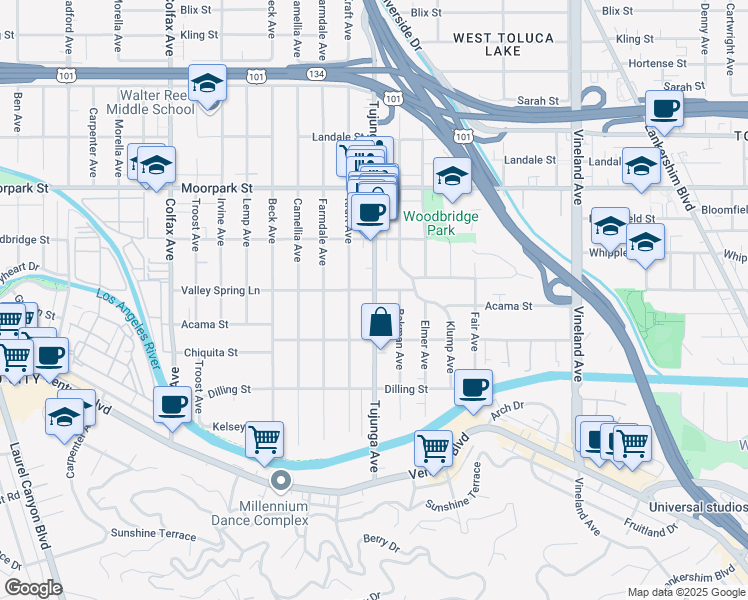 map of restaurants, bars, coffee shops, grocery stores, and more near 4230 Tujunga Avenue in Los Angeles