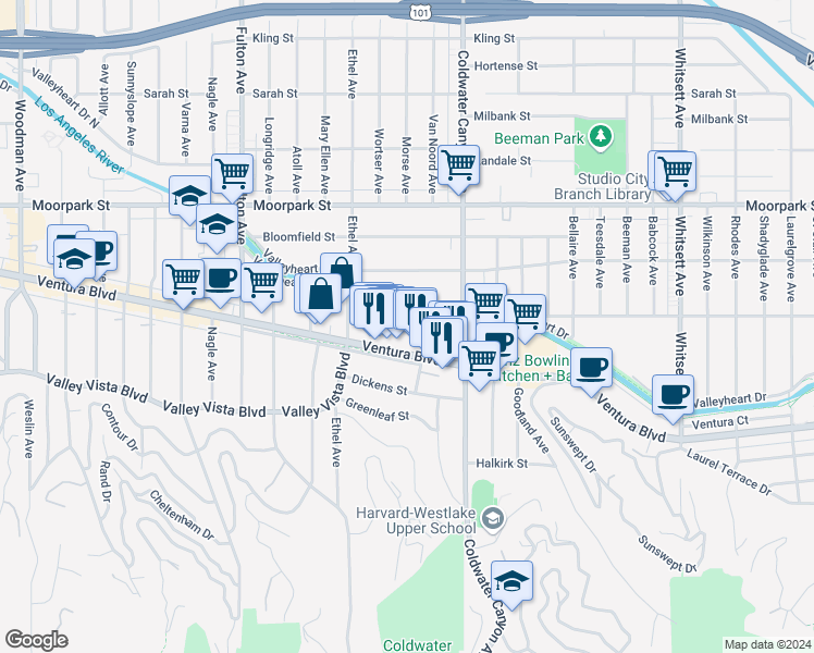 map of restaurants, bars, coffee shops, grocery stores, and more near 12963 Ventura Boulevard in Los Angeles