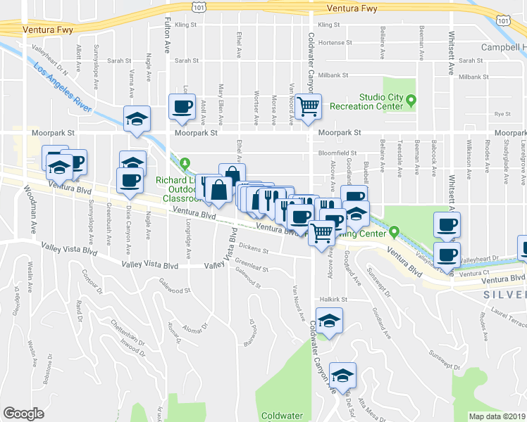 map of restaurants, bars, coffee shops, grocery stores, and more near 12963 Ventura Boulevard in Los Angeles