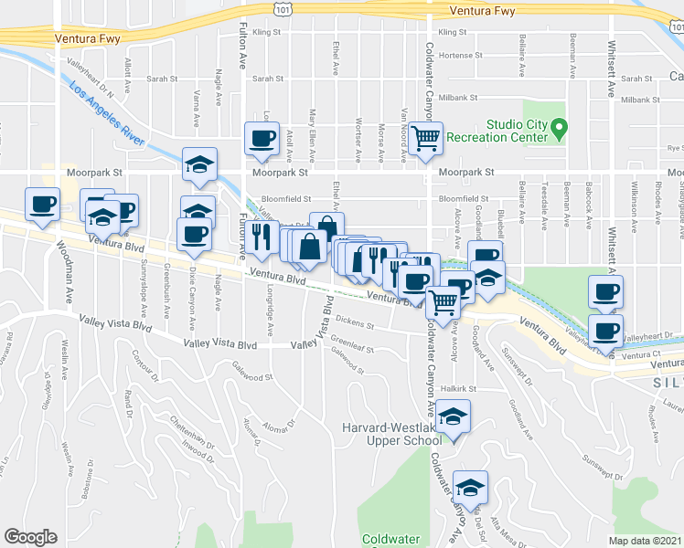 map of restaurants, bars, coffee shops, grocery stores, and more near 13043 Ventura Boulevard in Los Angeles