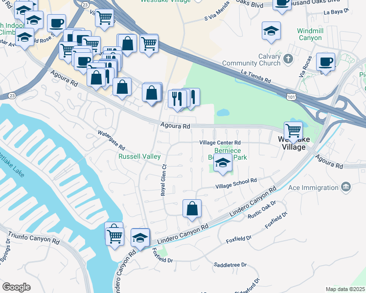 map of restaurants, bars, coffee shops, grocery stores, and more near 4431 Regents Court in Westlake Village