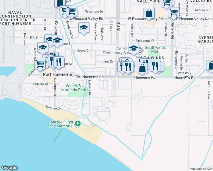map of restaurants, bars, coffee shops, grocery stores, and more near Morning Breeze Lane in Port Hueneme