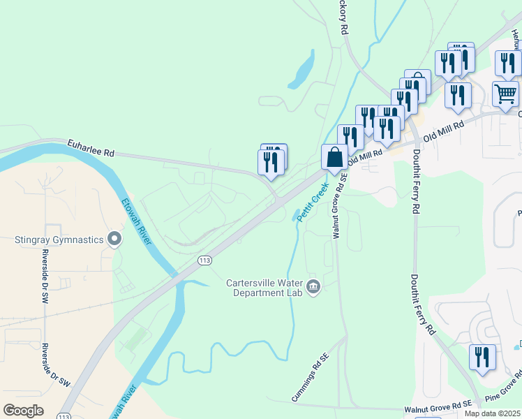 map of restaurants, bars, coffee shops, grocery stores, and more near 1403 West Avenue in Cartersville