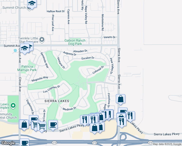 map of restaurants, bars, coffee shops, grocery stores, and more near 16680 Colonial Drive in Fontana