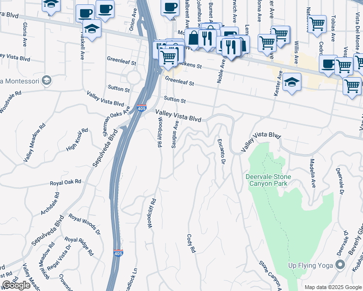map of restaurants, bars, coffee shops, grocery stores, and more near 15257 Encanto Drive in Los Angeles