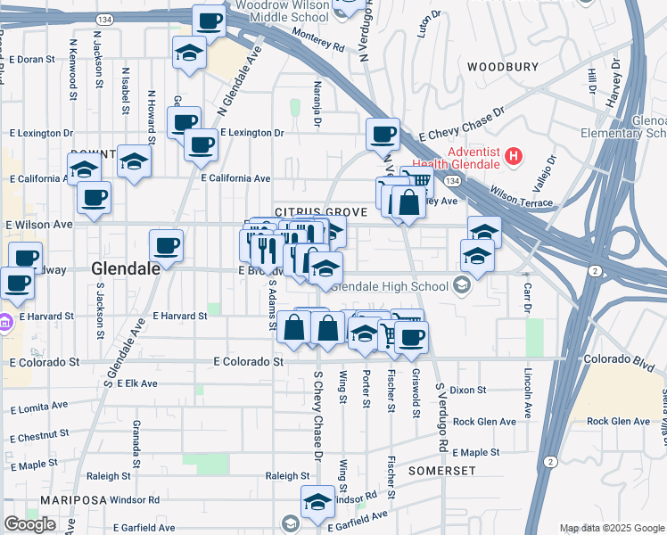 map of restaurants, bars, coffee shops, grocery stores, and more near 1201 East Broadway in Glendale
