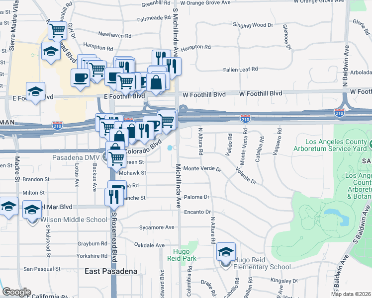 map of restaurants, bars, coffee shops, grocery stores, and more near 1141 Volante Drive in Arcadia
