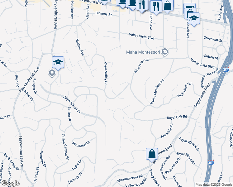 map of restaurants, bars, coffee shops, grocery stores, and more near 16101 Royal Mount Drive in Los Angeles