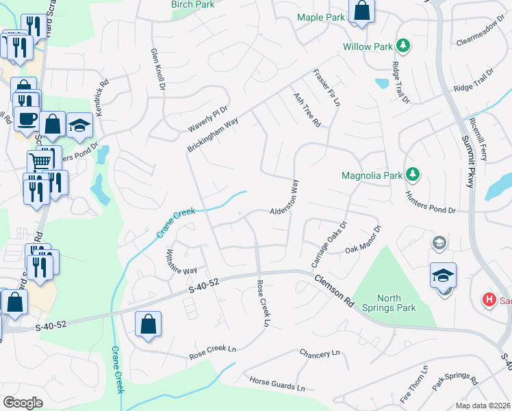 map of restaurants, bars, coffee shops, grocery stores, and more near 203 Alderston Way in Columbia