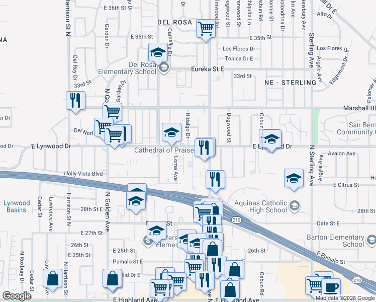 map of restaurants, bars, coffee shops, grocery stores, and more near 1525 East Lynwood Drive in San Bernardino