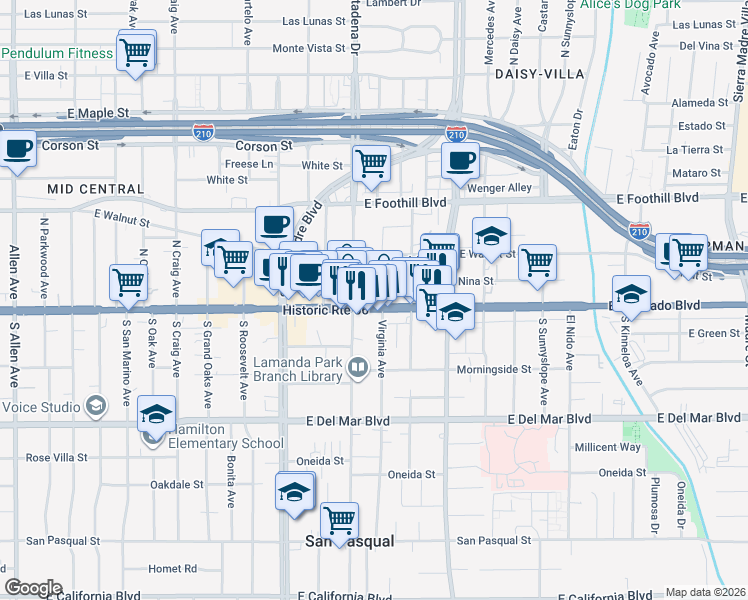 map of restaurants, bars, coffee shops, grocery stores, and more near 2555 East Colorado Boulevard in Pasadena