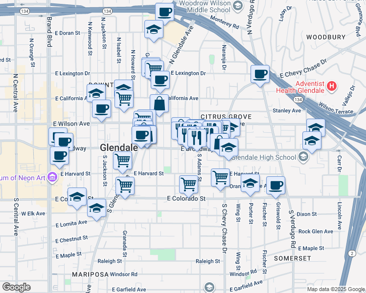 map of restaurants, bars, coffee shops, grocery stores, and more near 920 East Broadway in Glendale