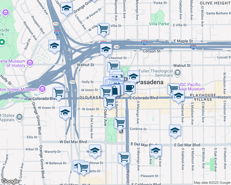 map of restaurants, bars, coffee shops, grocery stores, and more near in Pasadena