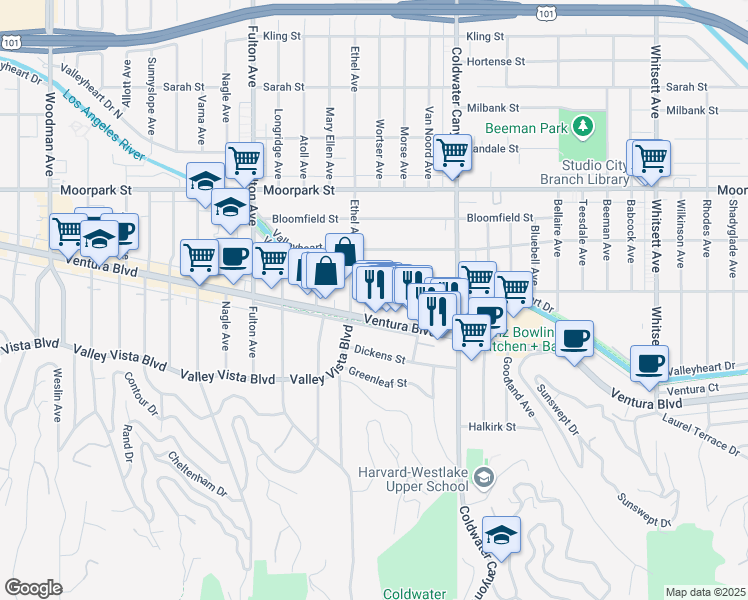 map of restaurants, bars, coffee shops, grocery stores, and more near 13030 Valleyheart Drive in Los Angeles