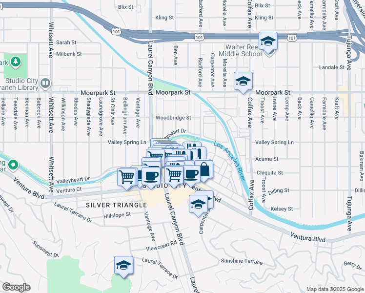map of restaurants, bars, coffee shops, grocery stores, and more near 12045 Guerin Street in Los Angeles