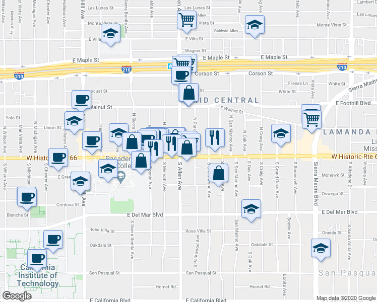 map of restaurants, bars, coffee shops, grocery stores, and more near in Pasadena