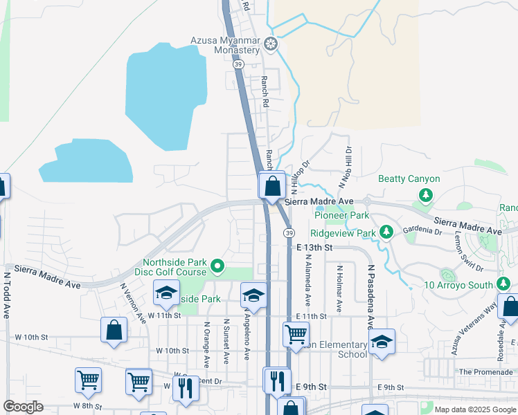 map of restaurants, bars, coffee shops, grocery stores, and more near in Azusa
