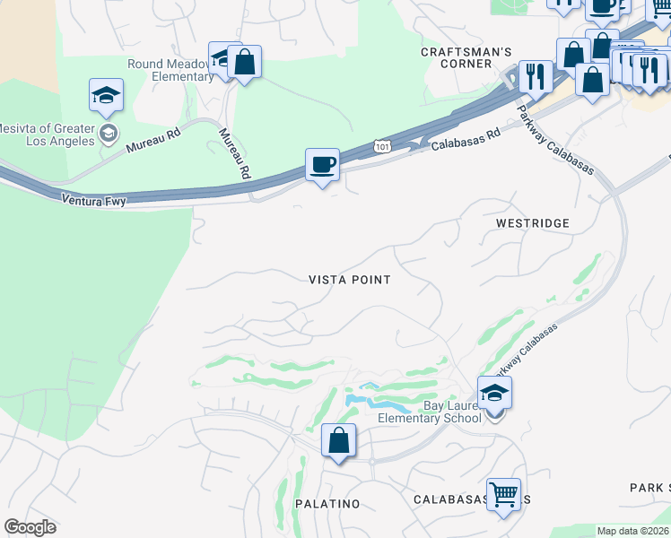 map of restaurants, bars, coffee shops, grocery stores, and more near 24485 Park Granada in Calabasas