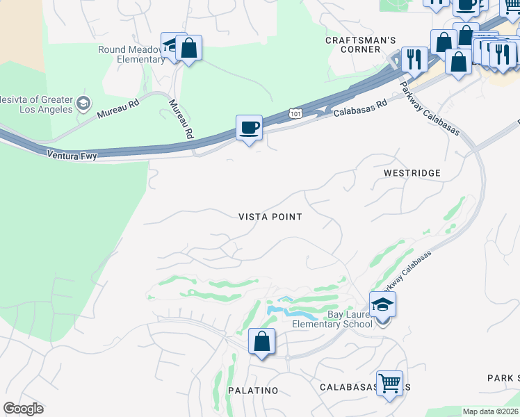 map of restaurants, bars, coffee shops, grocery stores, and more near 24485 Park Granada in Calabasas